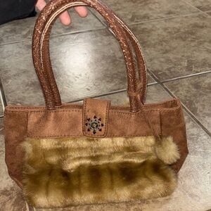 Elegant Brown Suede Handbag with Faux Fur Trim